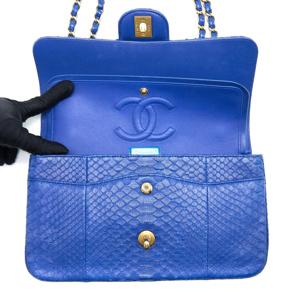 CHANEL MEDIUM CLASSIC DOUBLE FLAP BAG PYTHON BLUE GHW