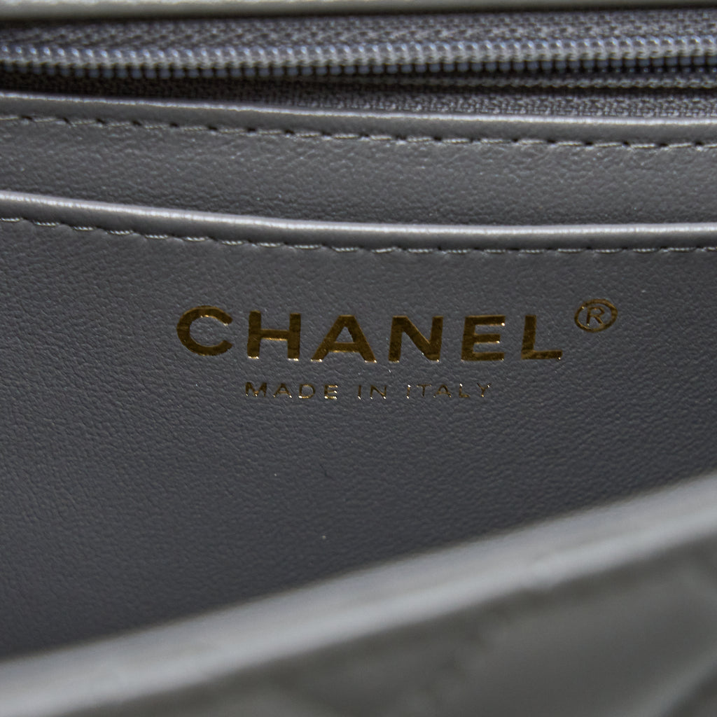 CHANEL TOP HANDLE MINI RECTANGULAR FLAP BAG LAMBSKIN GREY LGHW (MICROCHIP)