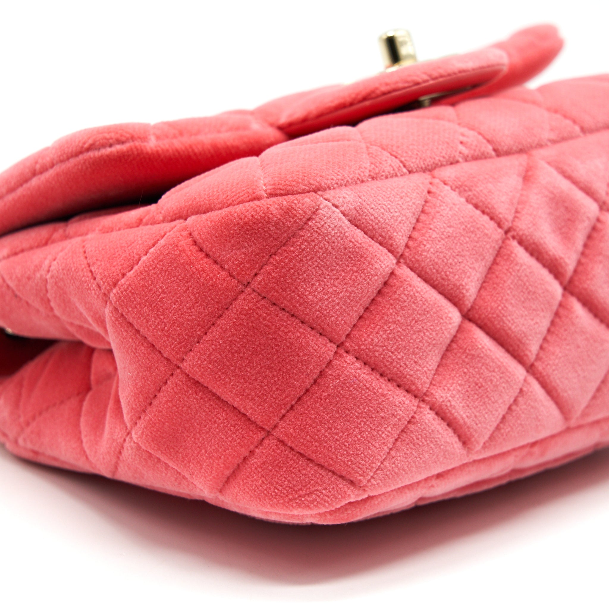 CHANEL VELVET QUILTED MINI SQUARE PEARL CRUSH FLAP BAG PINK