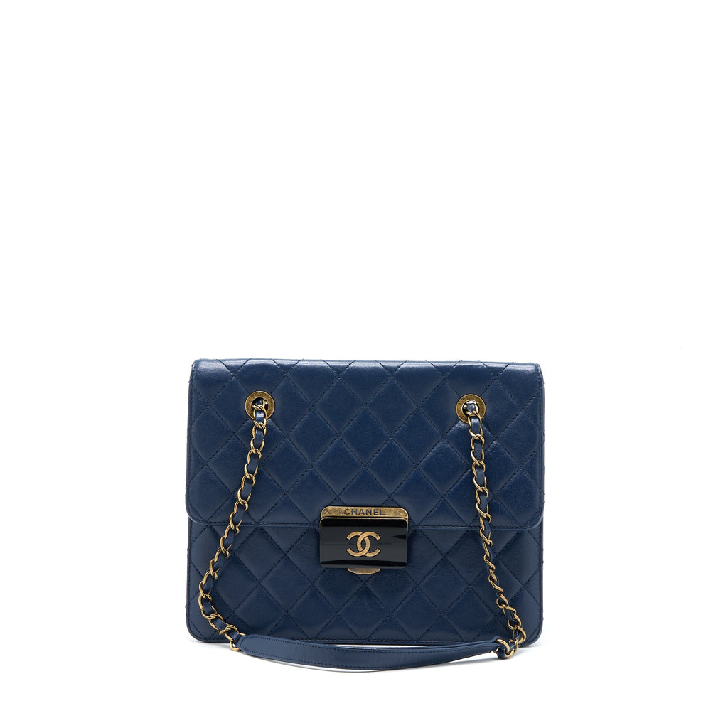 CHANEL QUILTED SHOULDER BAG GOATSKIN BLUE RUTHENIUM GHW