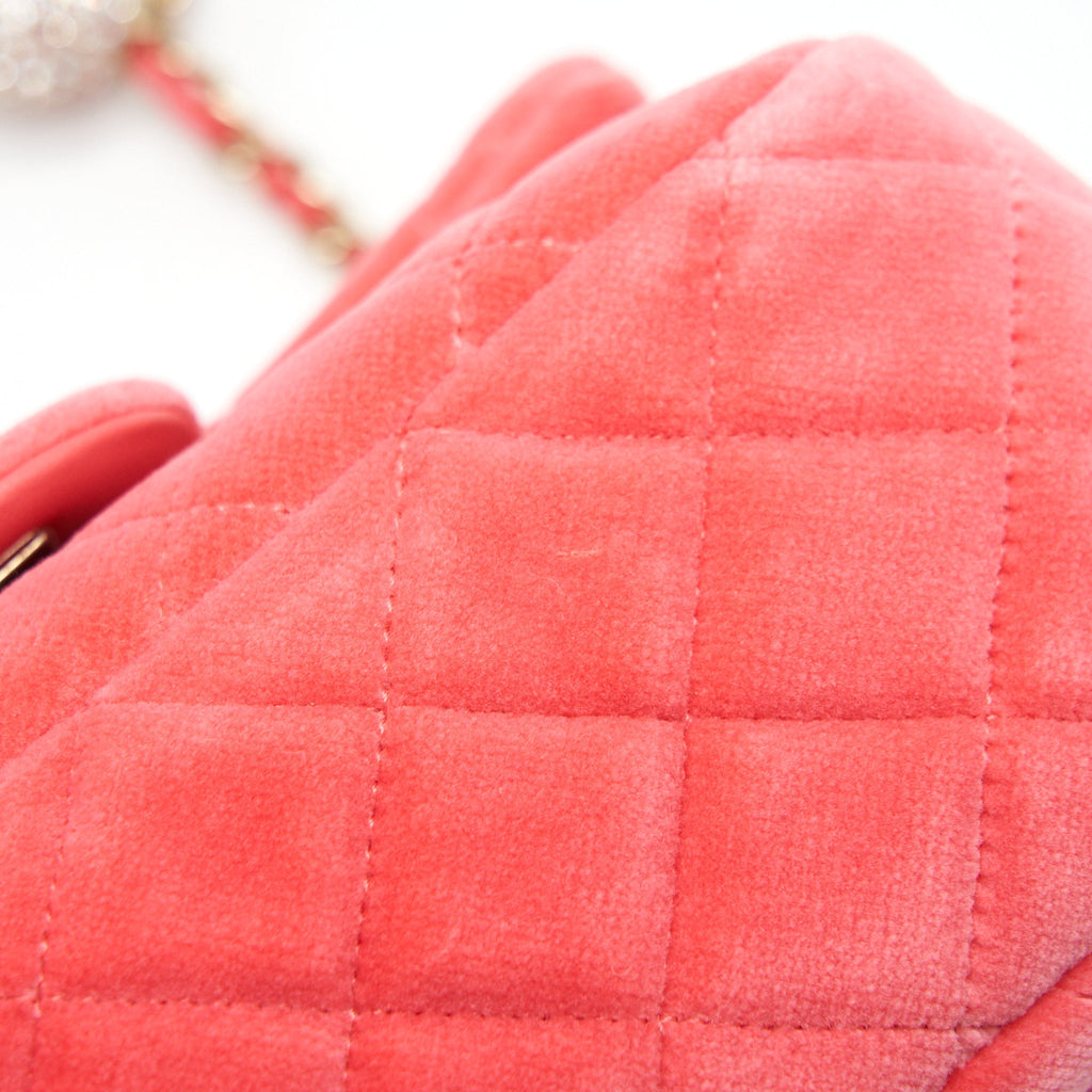 CHANEL VELVET QUILTED MINI SQUARE PEARL CRUSH FLAP BAG PINK