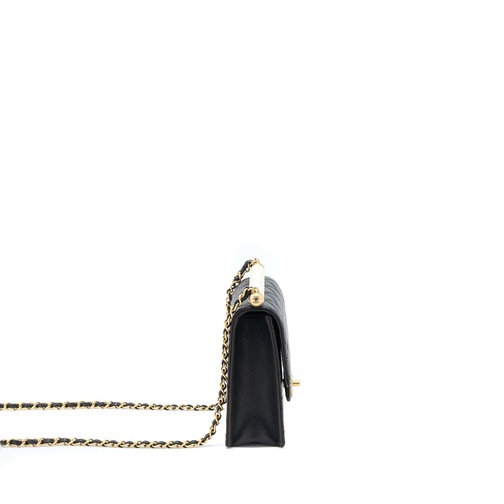 CHANEL VERTICAL PEARL FLAP BAG GOATSKIN BLACK GHW