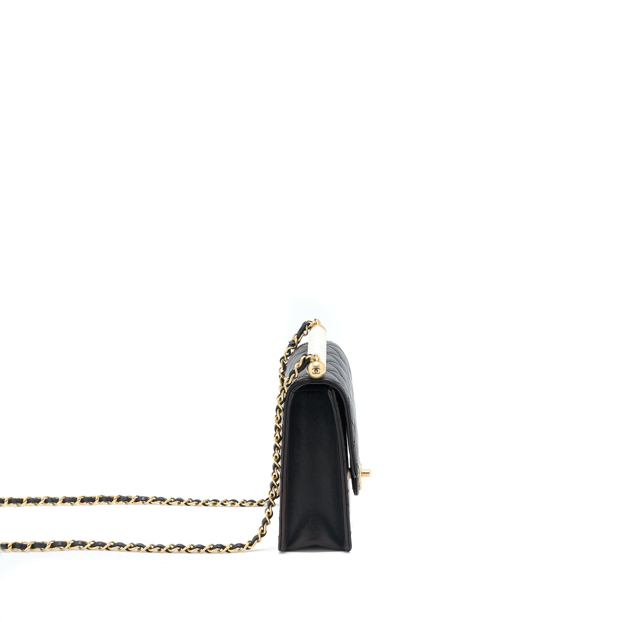 CHANEL VERTICAL PEARL FLAP BAG GOATSKIN BLACK GHW