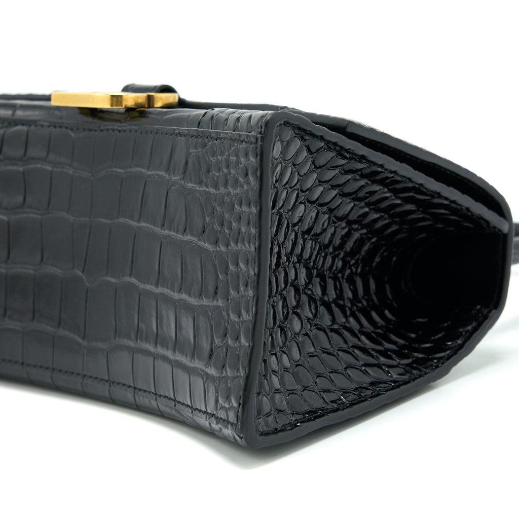 BALENCIAGA HOURGLASS S CROC EMBOSSED LEATHER HANDBAG BLACK GHW