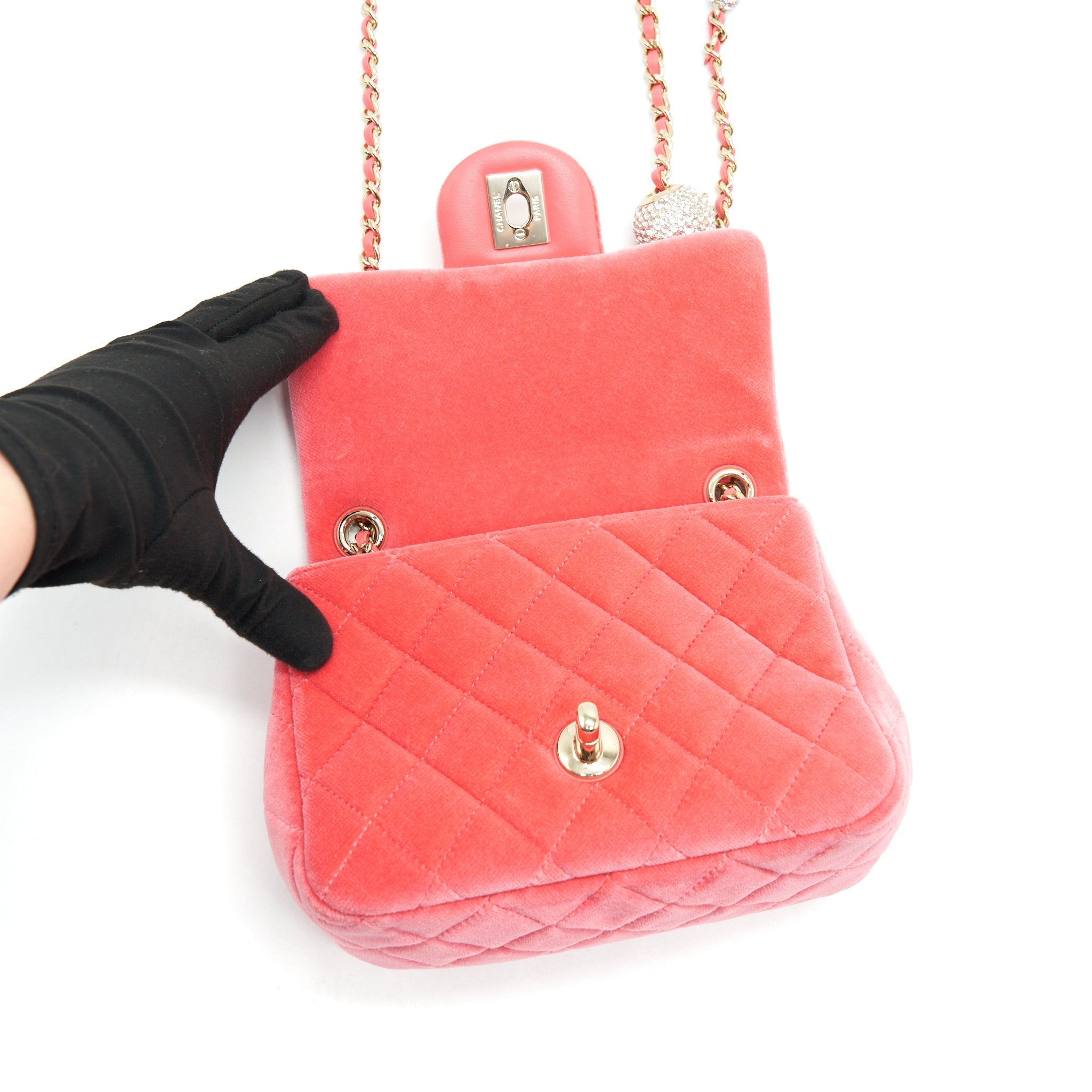 CHANEL VELVET QUILTED MINI SQUARE PEARL CRUSH FLAP BAG PINK