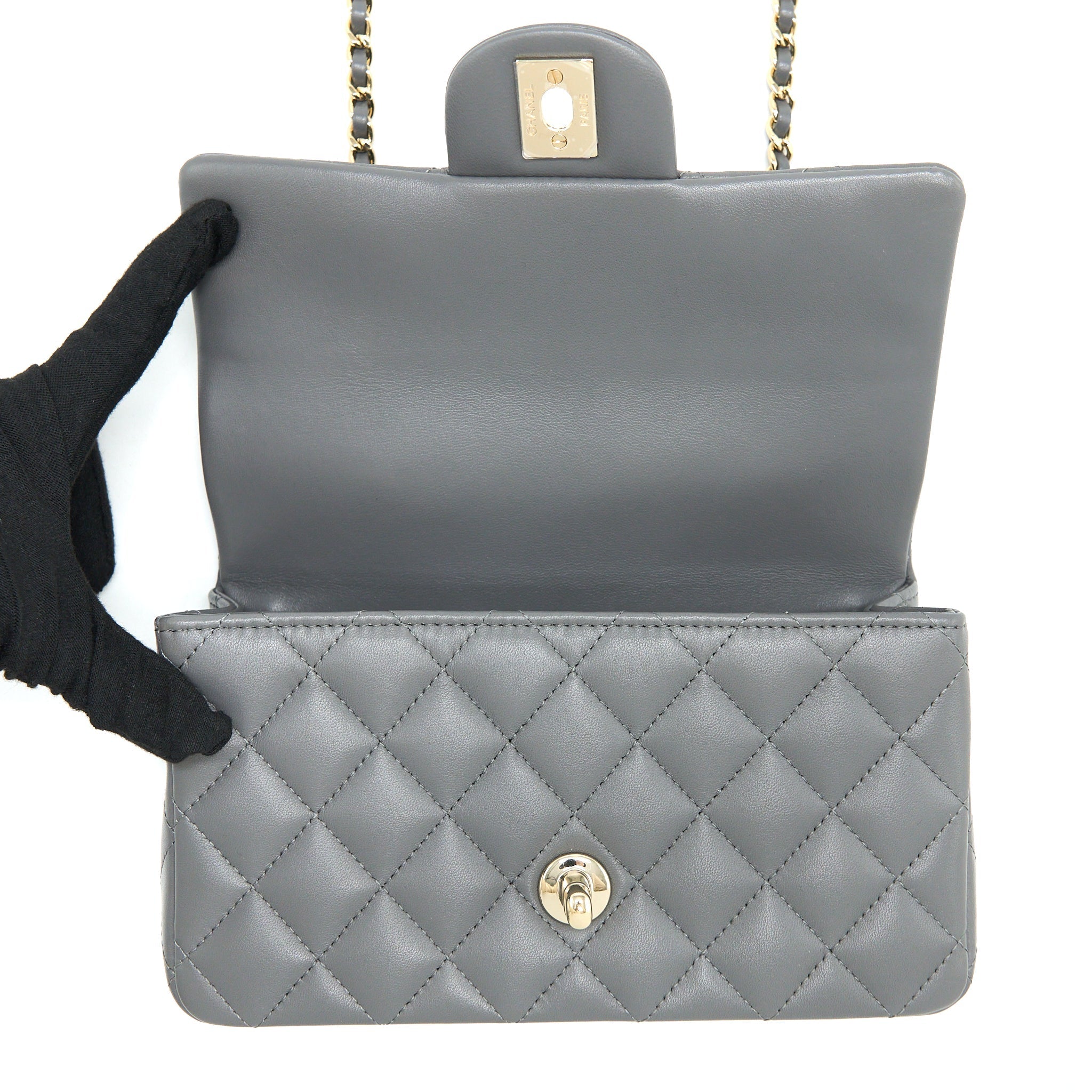 CHANEL TOP HANDLE MINI RECTANGULAR FLAP BAG LAMBSKIN GREY LGHW (MICROCHIP)