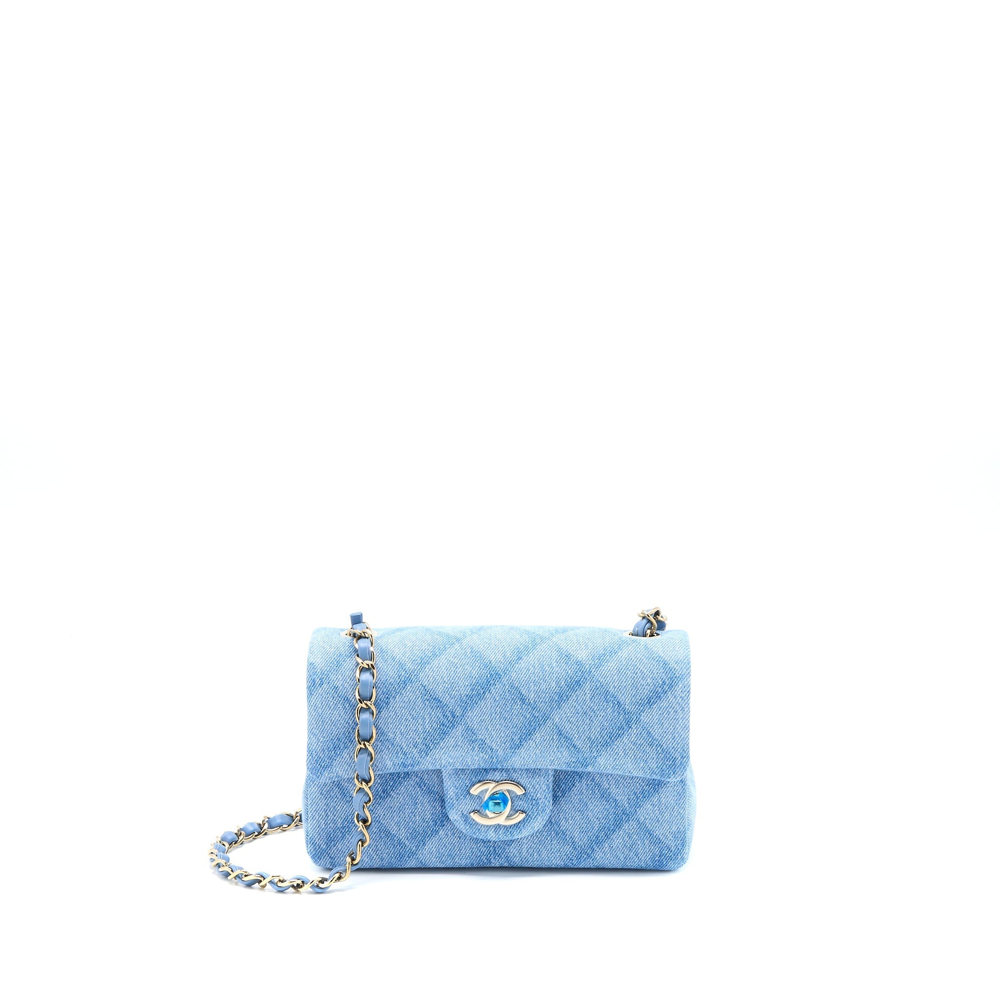 CHANEL 22B MINI RECTANGULAR DENIM LIGHT BLUE LGHW (MICROCHIP)