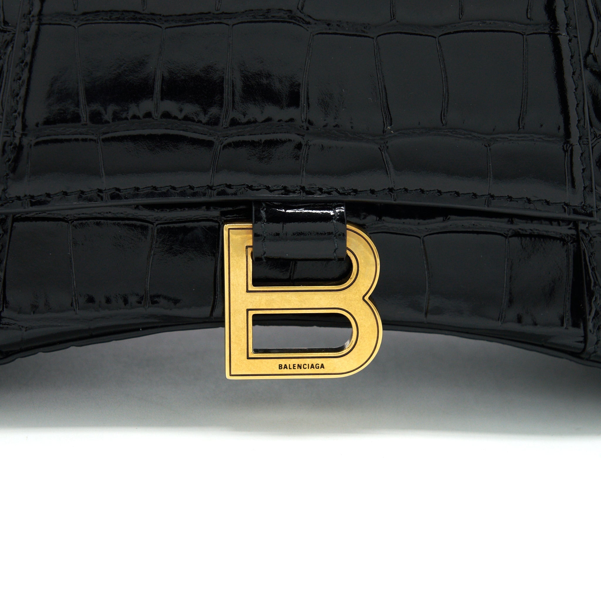 BALENCIAGA HOURGLASS S CROC EMBOSSED LEATHER HANDBAG BLACK GHW
