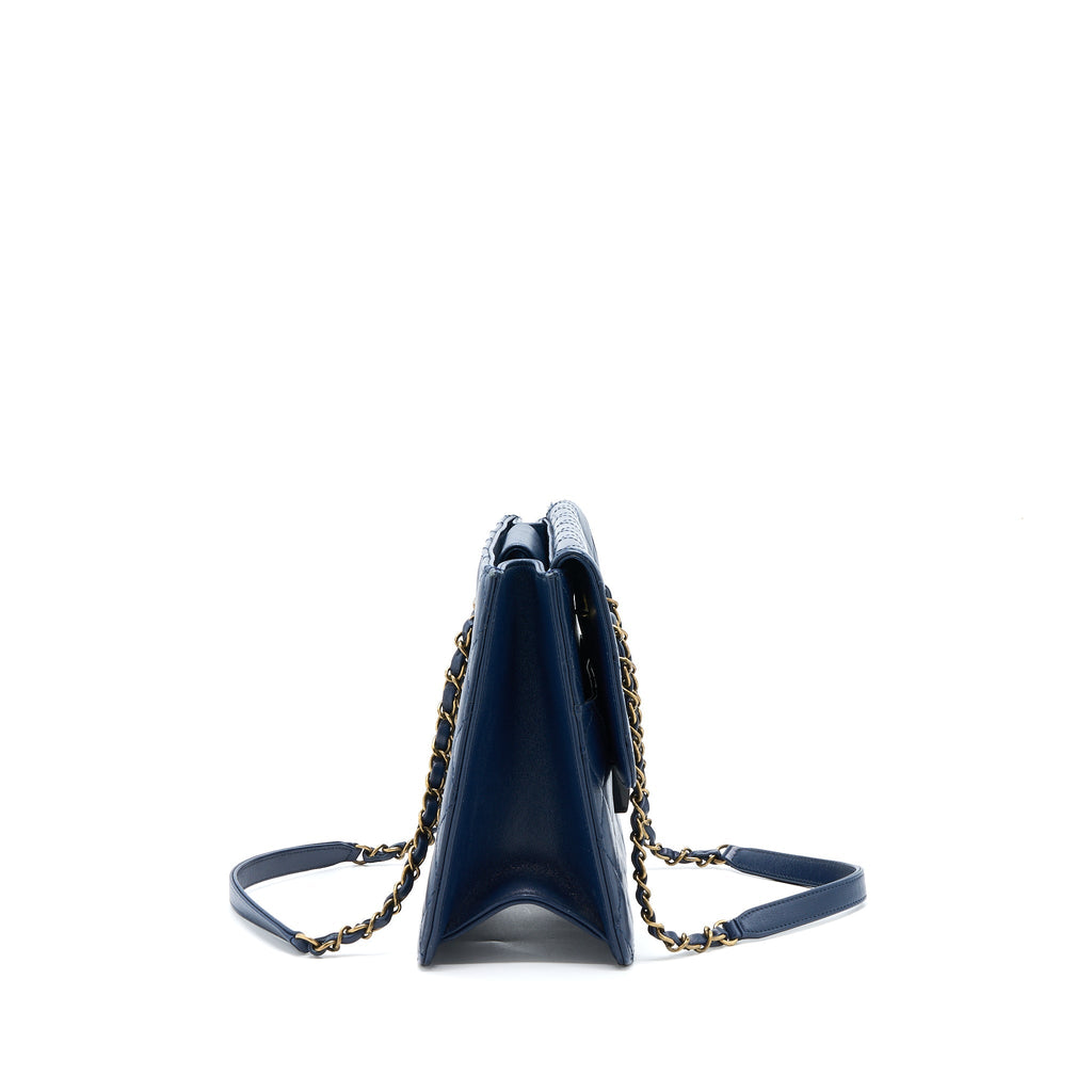 CHANEL QUILTED SHOULDER BAG GOATSKIN BLUE RUTHENIUM GHW
