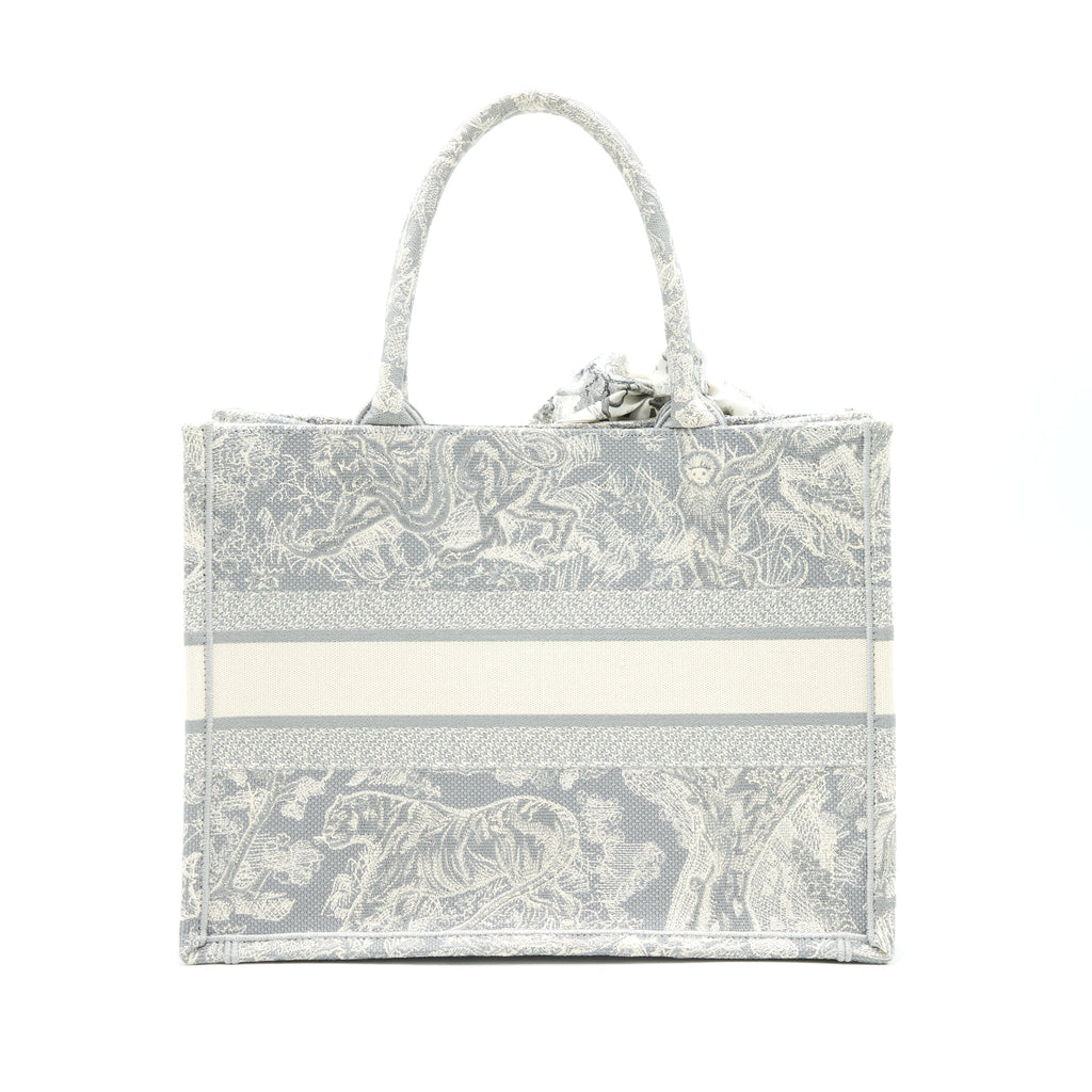 DIOR SMALL BOOK TOTE GRAY TOILE DE JOUY REVERSE EMBROIDERY WITH AN EXTRA SMALL SCARF