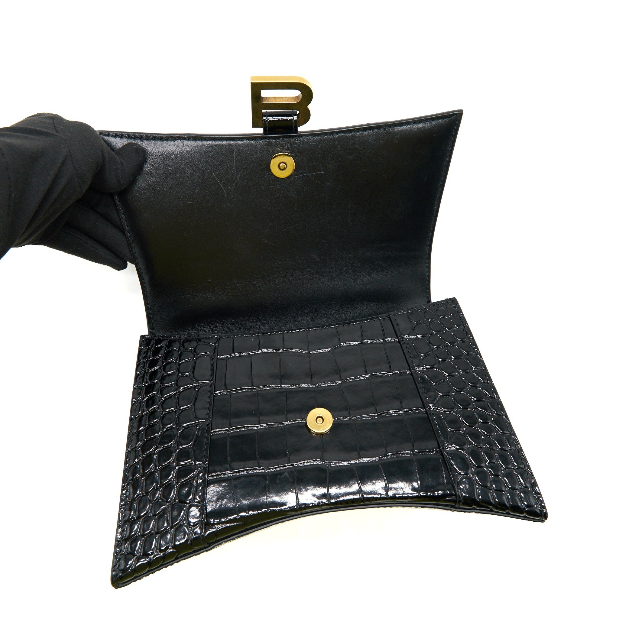 BALENCIAGA HOURGLASS S CROC EMBOSSED LEATHER HANDBAG BLACK GHW