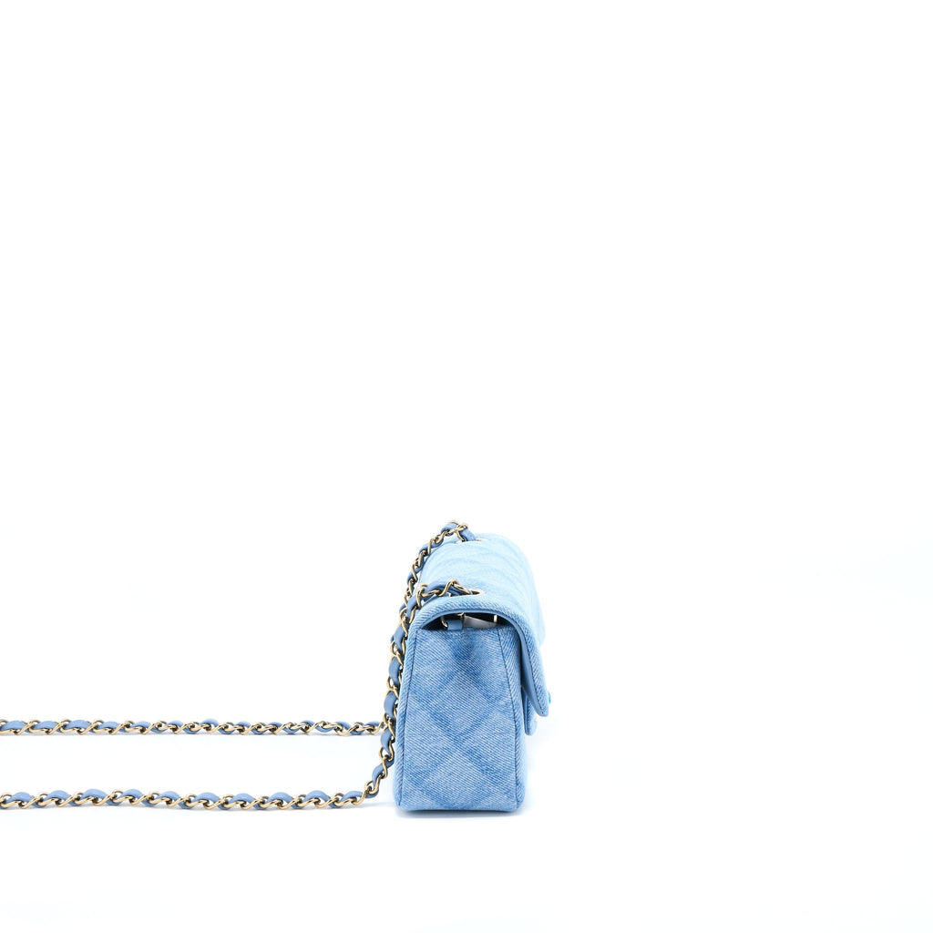 CHANEL 22B MINI RECTANGULAR DENIM LIGHT BLUE LGHW (MICROCHIP)