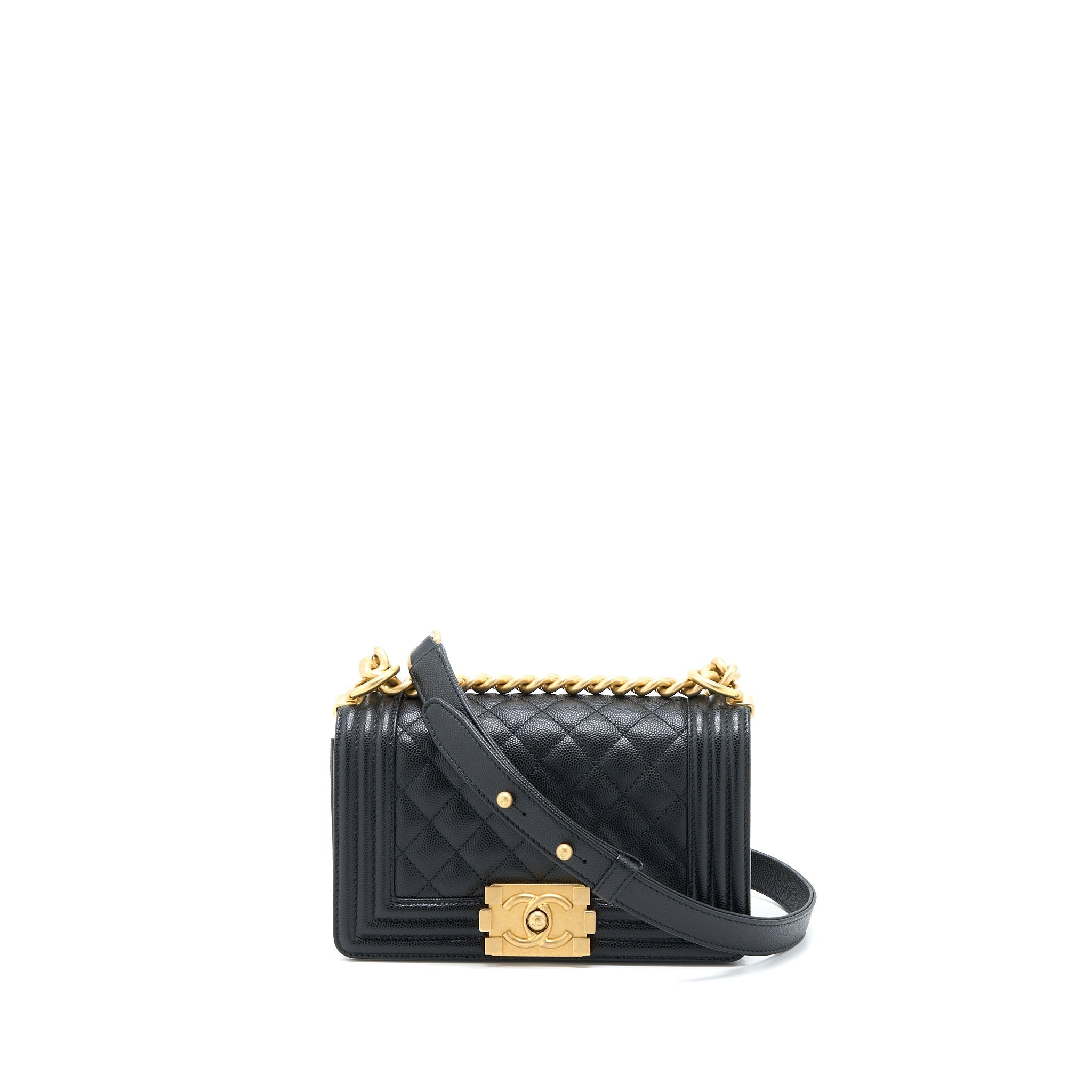 CHANEL SMALL BOY BAG CAVIAR BLACK BRUSHED GHW (MICROCHIP)