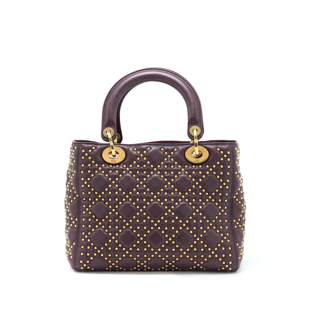 DIOR MEDIUM LADY DIOR ROCK-STUD CALFSKIN DARK RED GHW