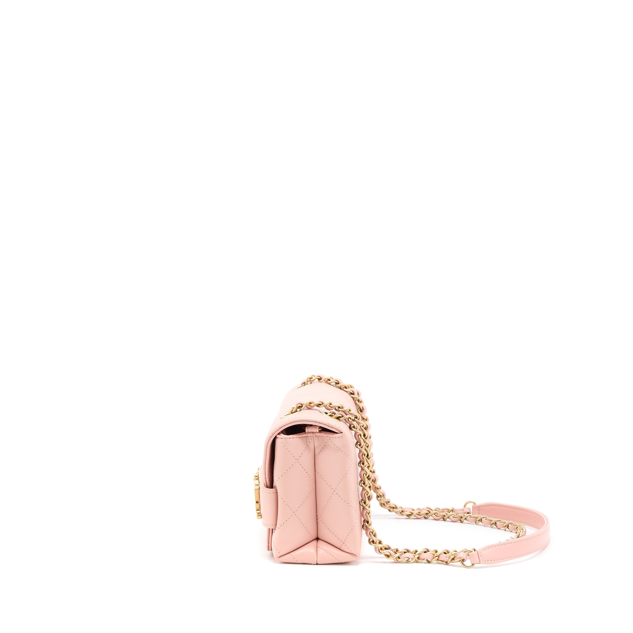 CHANEL FRONT LOGO FLAP BAG CALFSKIN PINK BRUSHED GHW