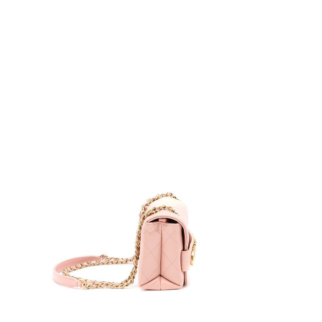 CHANEL FRONT LOGO FLAP BAG CALFSKIN PINK BRUSHED GHW