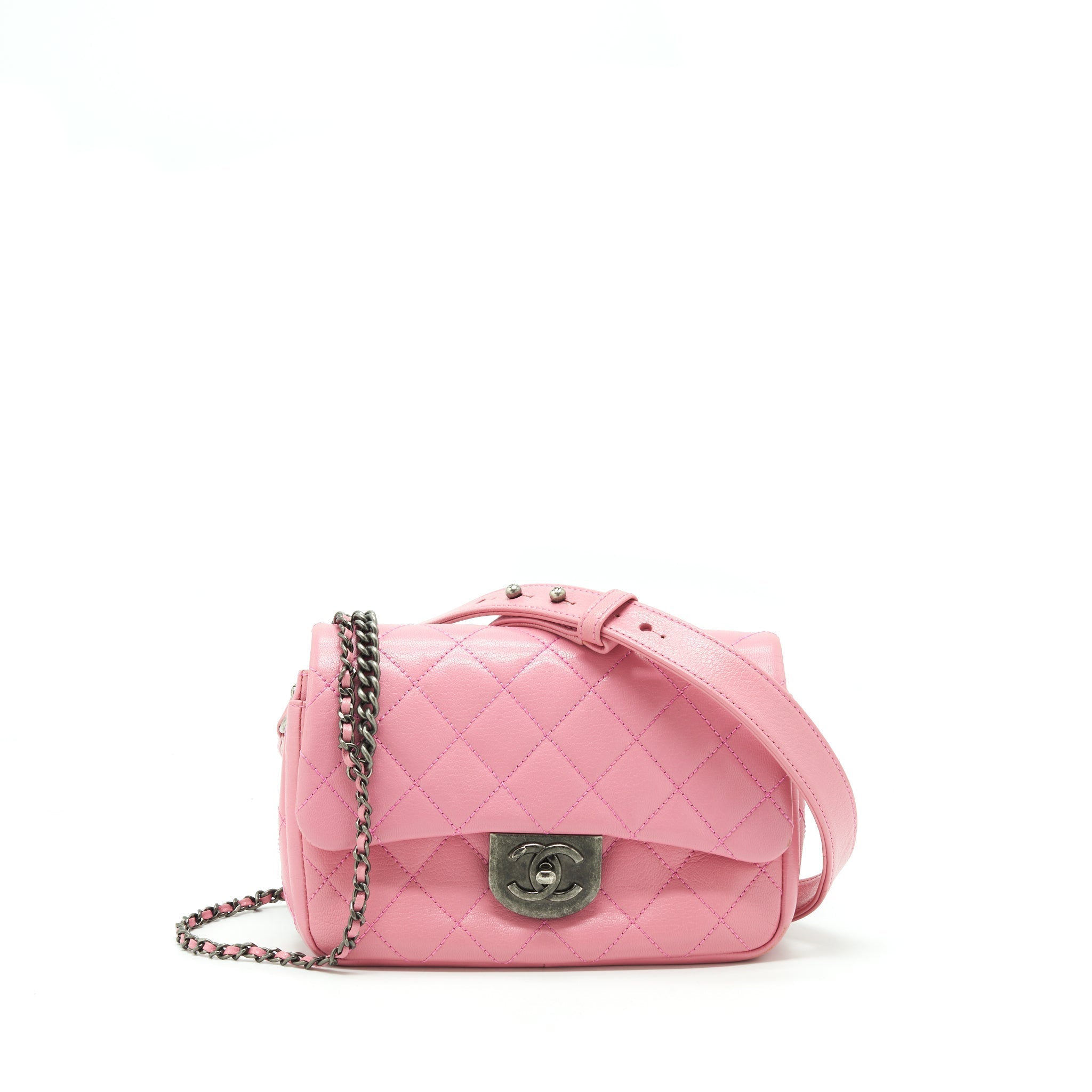 CHANEL QUILTED FLAP CROSS BODY BAG PINK WITH RUTHENIUM HARDWARE