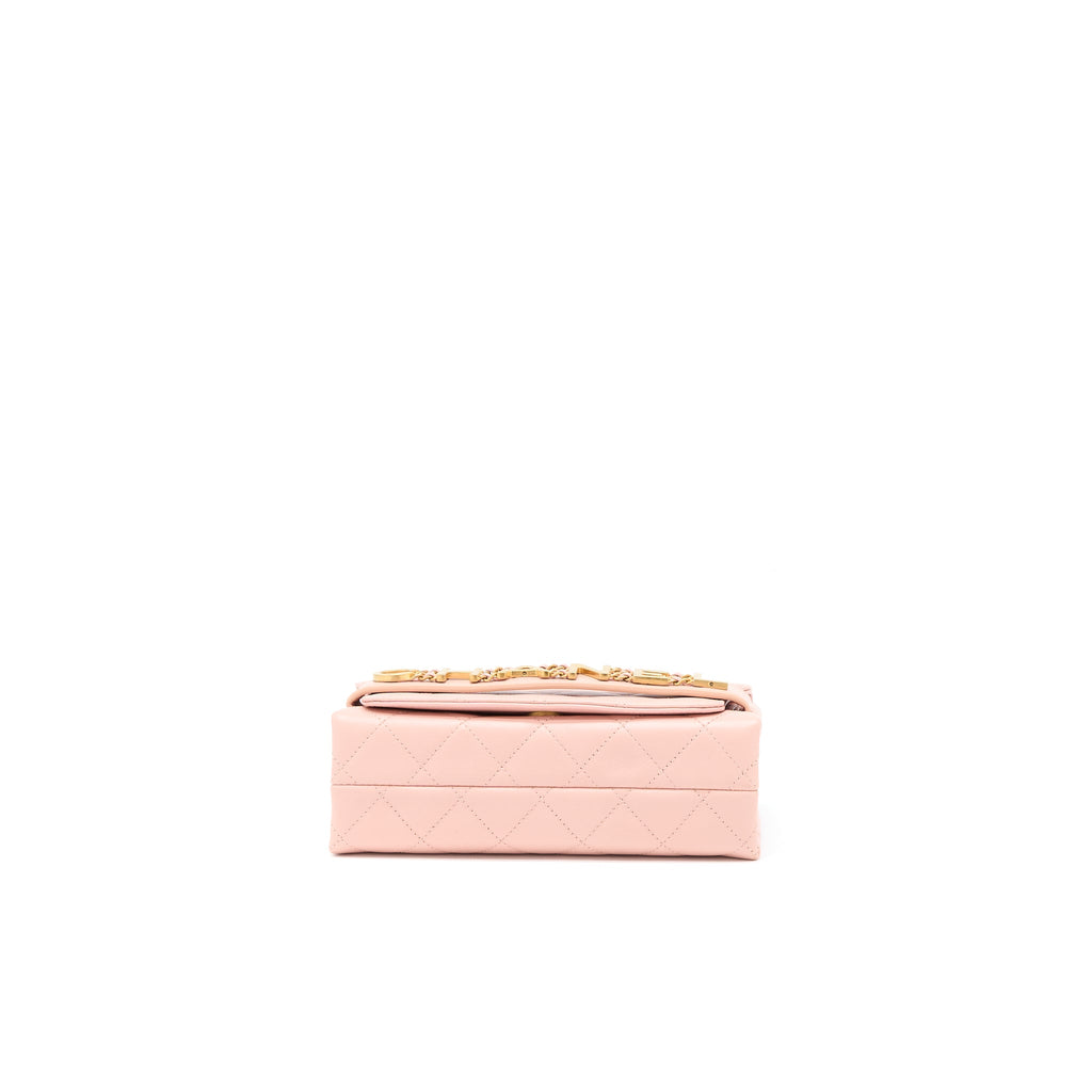 CHANEL FRONT LOGO FLAP BAG CALFSKIN PINK BRUSHED GHW