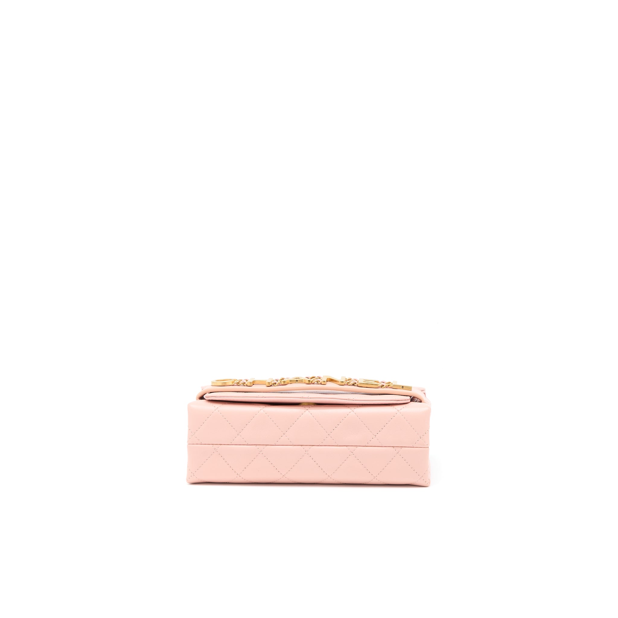 CHANEL FRONT LOGO FLAP BAG CALFSKIN PINK BRUSHED GHW