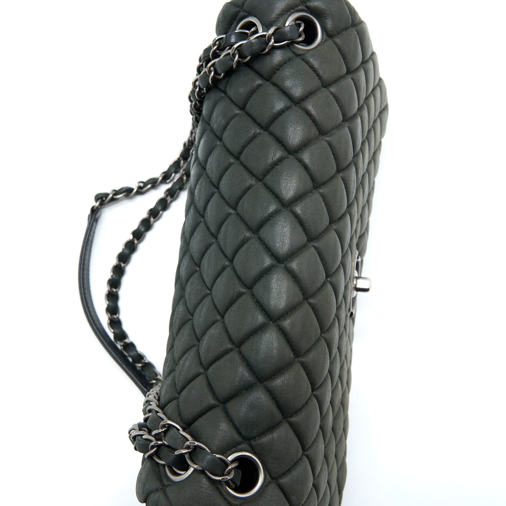 CHANEL QUILTED FLAP BAG IRIDESCENT CALFSKIN DARK GREEN RUTHENIUM SHW