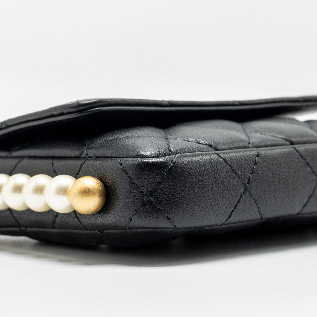 CHANEL MINI FLAP PURSE WITH PEARL CHAIN CALFSKIN GHW