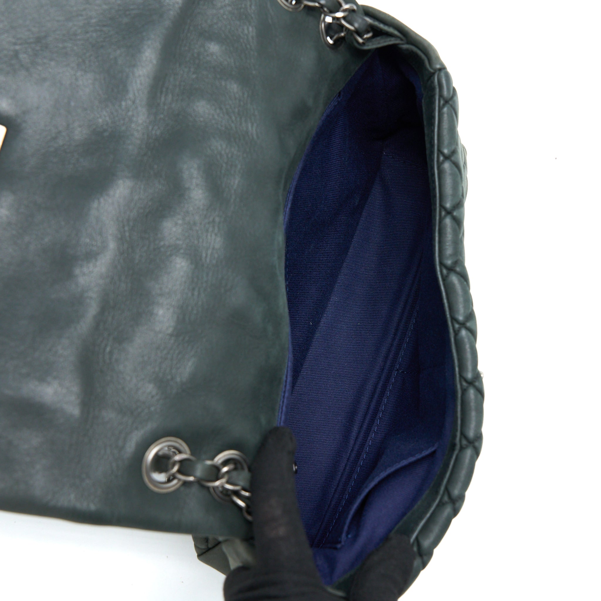 CHANEL QUILTED FLAP BAG IRIDESCENT CALFSKIN DARK GREEN RUTHENIUM SHW