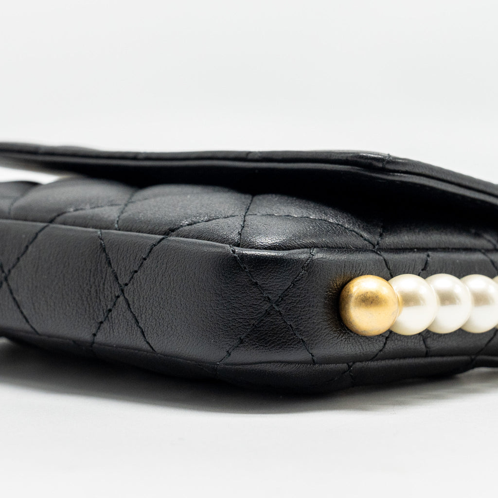 CHANEL MINI FLAP PURSE WITH PEARL CHAIN CALFSKIN GHW