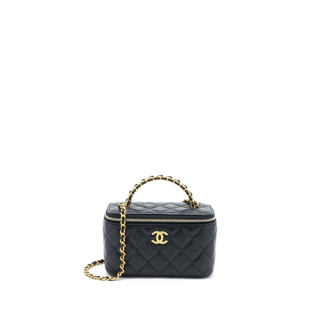 CHANEL LEATHER CHAIN TOP HANDLE LONG VANITY LAMBSKIN BLACK GHW