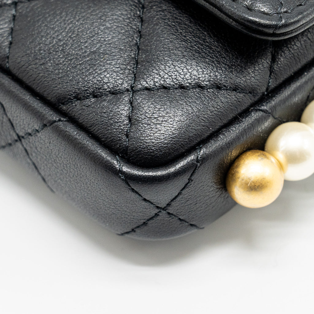 CHANEL MINI FLAP PURSE WITH PEARL CHAIN CALFSKIN GHW