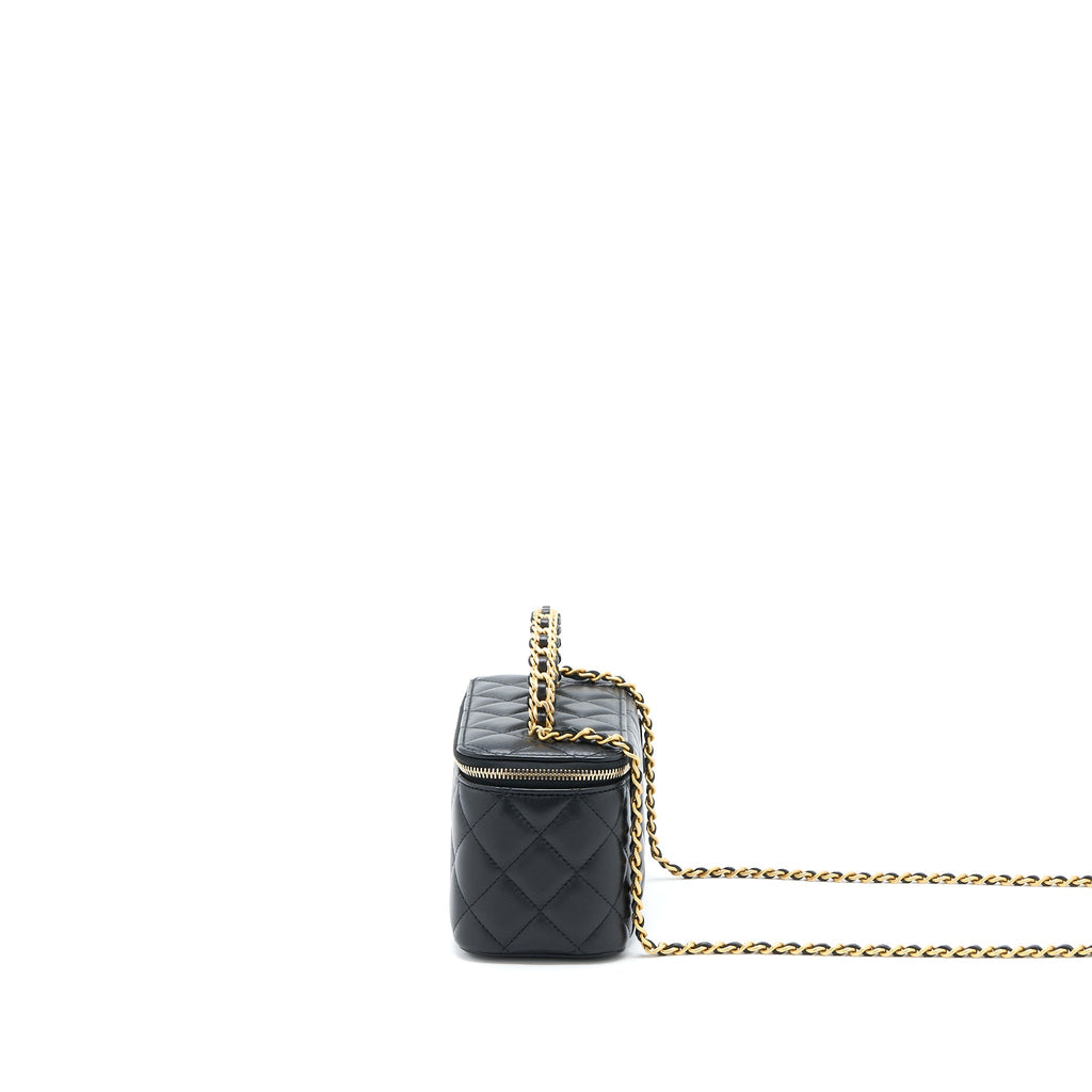 CHANEL LEATHER CHAIN TOP HANDLE LONG VANITY LAMBSKIN BLACK GHW