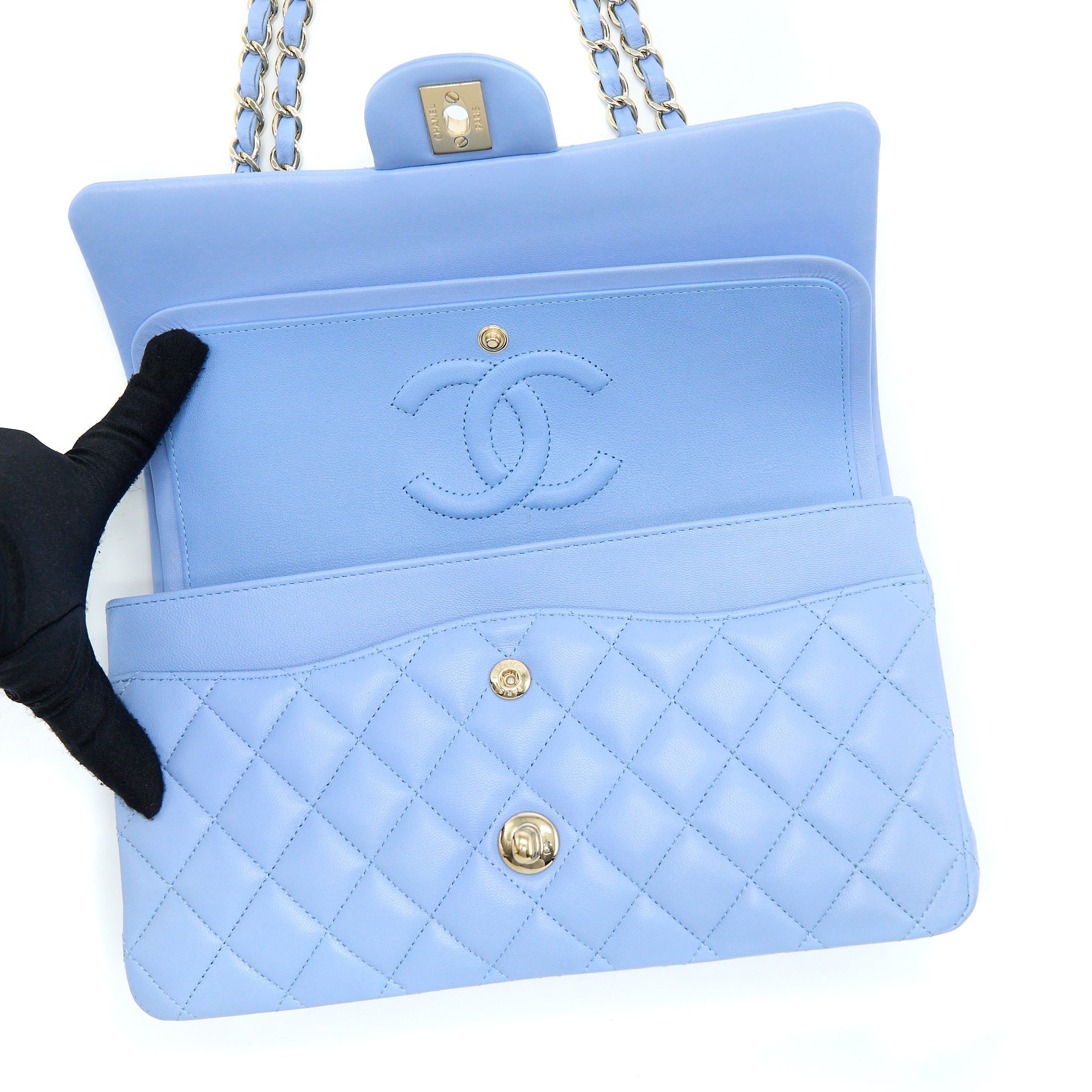 CHANEL CLASSIC FLAP BAG LAMBSKIN NA104 LIGHT BLUE LGHW