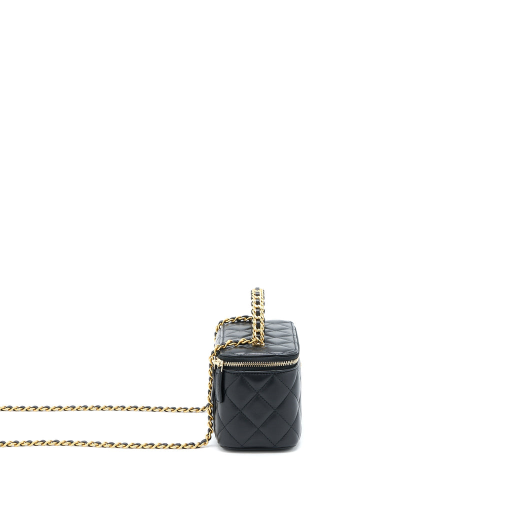 CHANEL LEATHER CHAIN TOP HANDLE LONG VANITY LAMBSKIN BLACK GHW