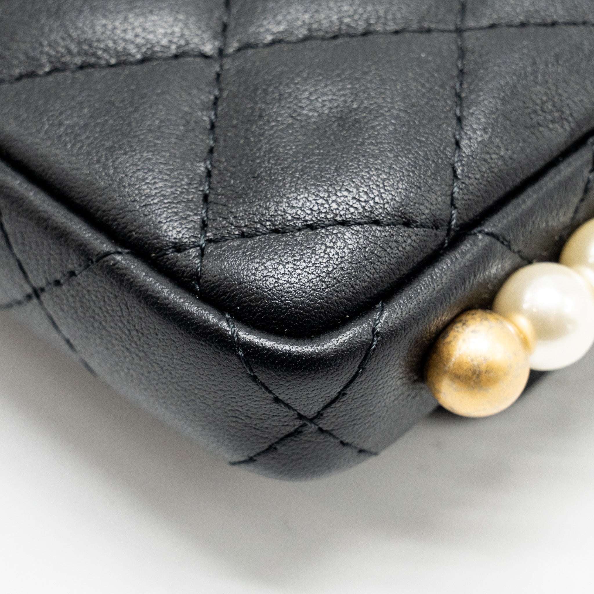 CHANEL MINI FLAP PURSE WITH PEARL CHAIN CALFSKIN GHW