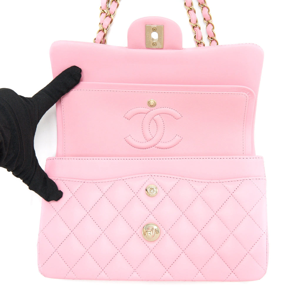 CHANEL SMALL CLASSIC FLAP BAG LAMBSKIN PINK LGHW (MICROCHIP)