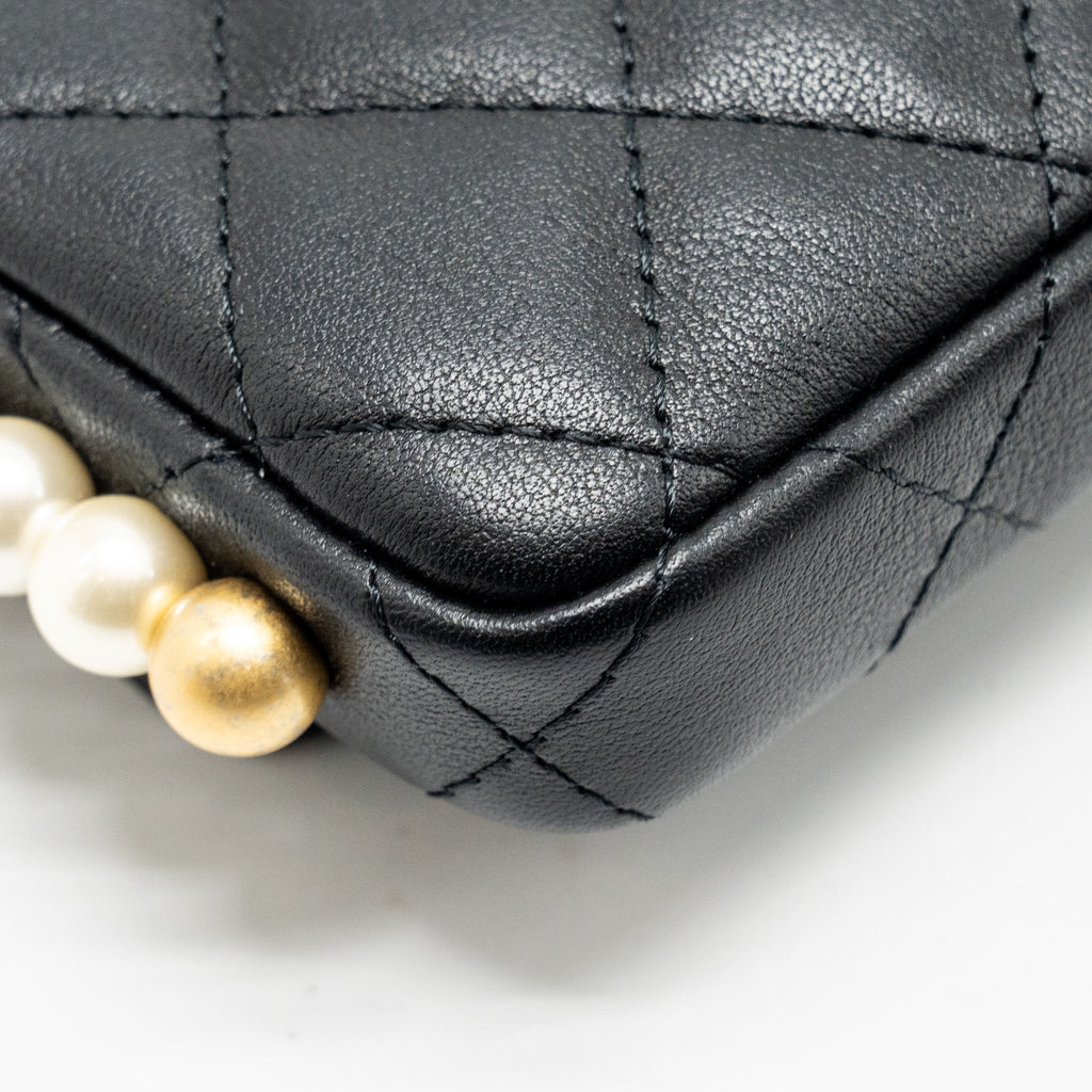 CHANEL MINI FLAP PURSE WITH PEARL CHAIN CALFSKIN GHW