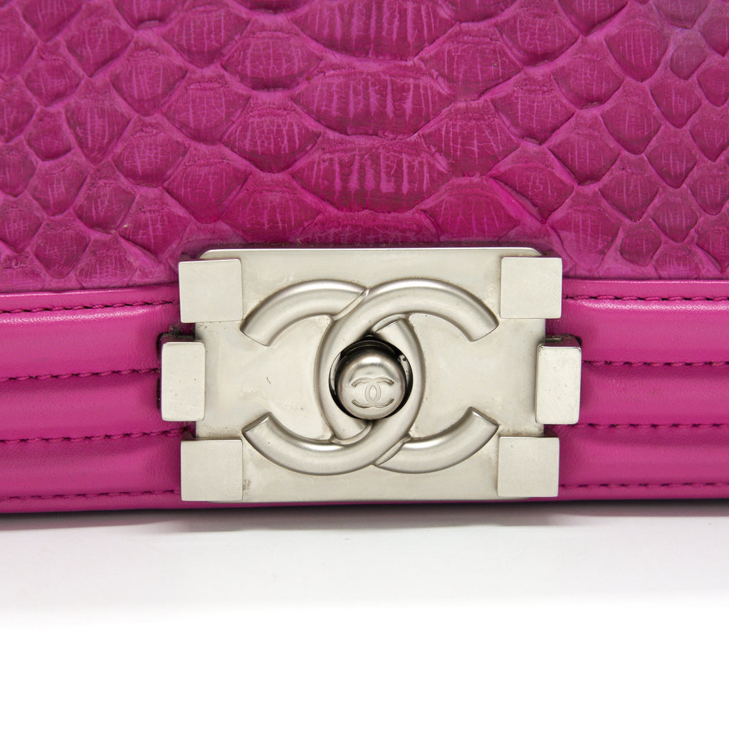 CHANEL MEDIUM LE BOY FLAP BAG IN PYTHON LEATHER PINK WITH BRUSHED SHW