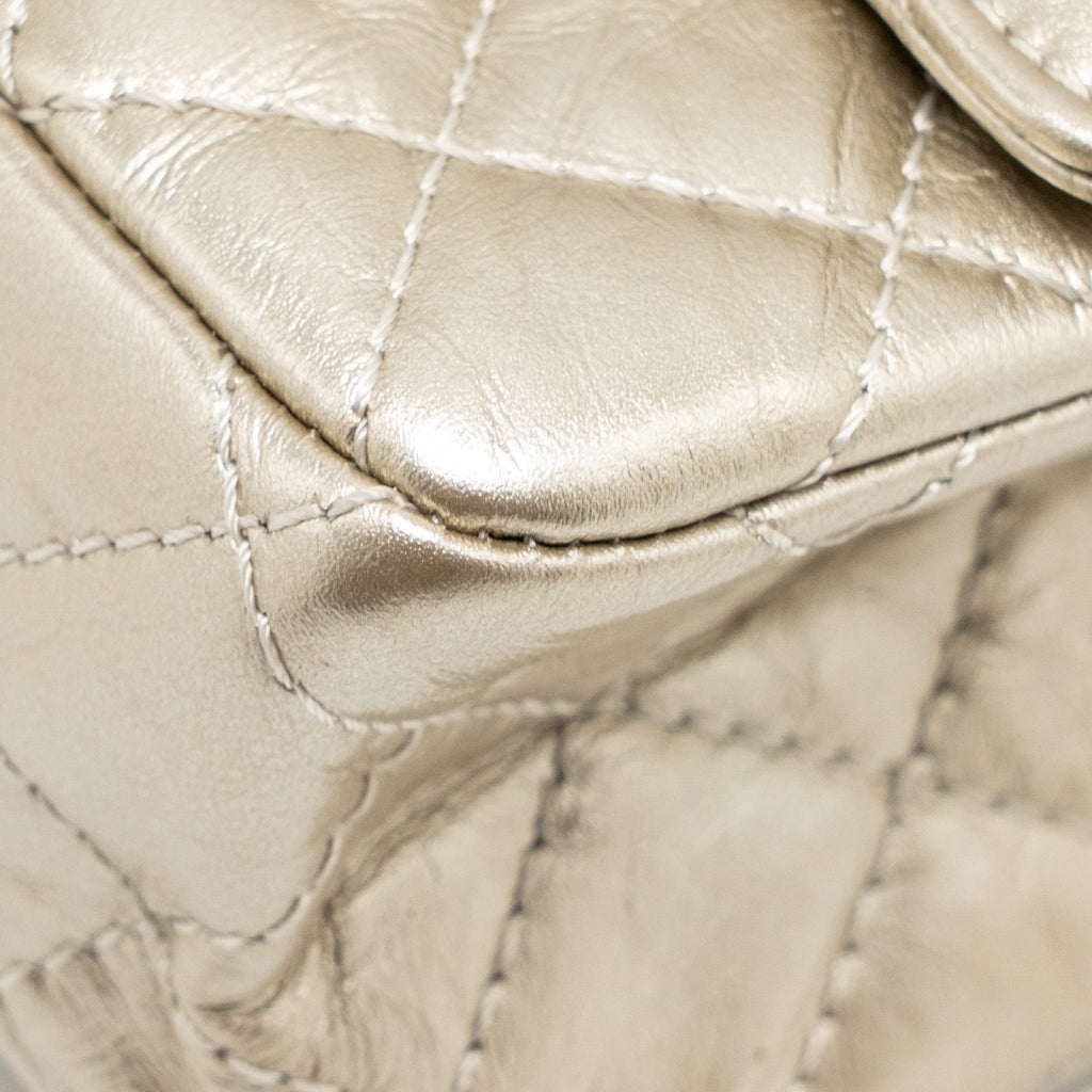 CHANEL SMALL 2.55 REISSUE DOUBLE FLAP BAG AGED CALFSKIN METALLIC LIGHT GOLD WITH LGHW