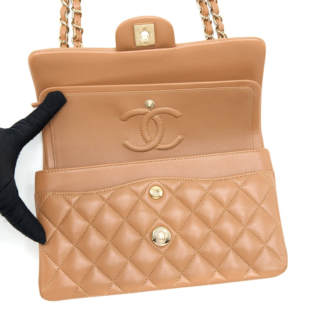 CHANEL 22S SMALL CLASSIC FLAP BAG LAMBSKIN CARAMEL LGHW(MICROCHIP)