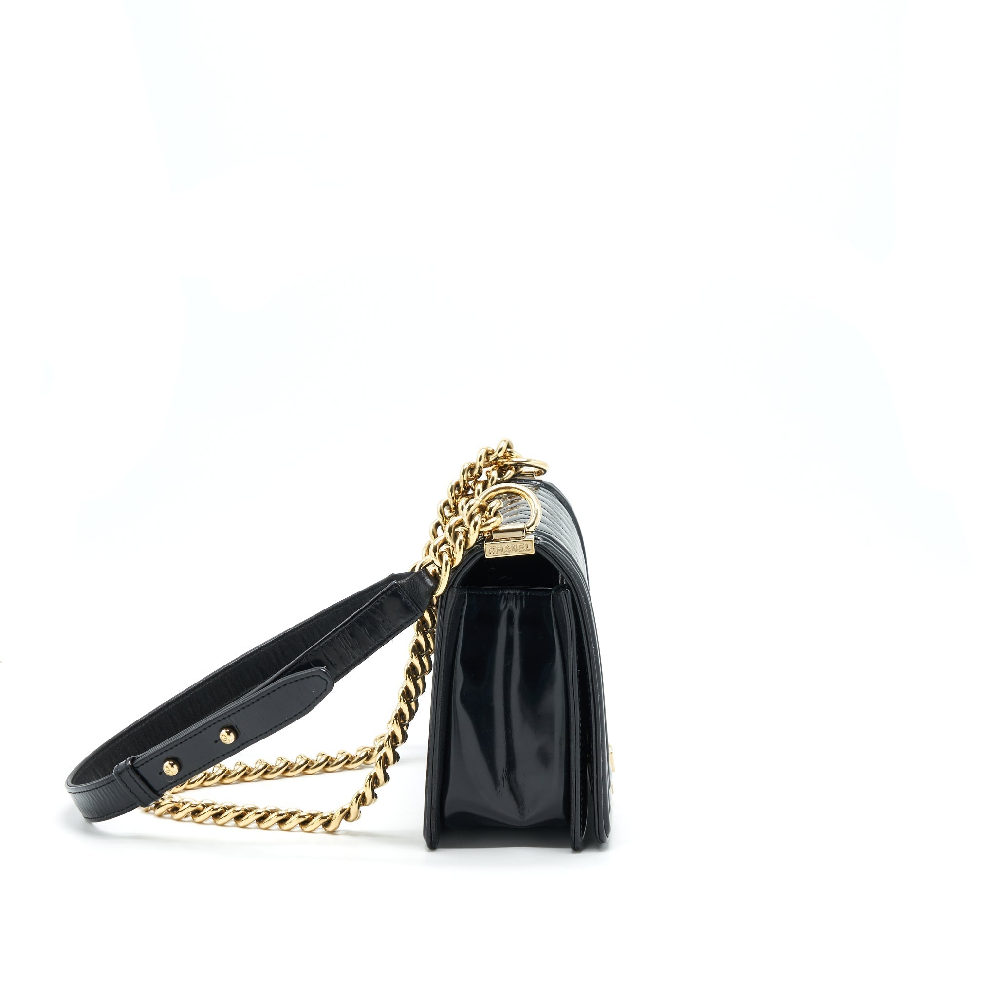 CHANEL MEDIUM LE BOY PATENT LEATHER BLACK LGHW