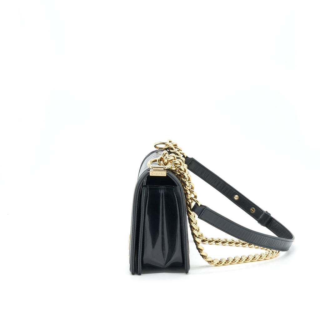 CHANEL MEDIUM LE BOY PATENT LEATHER BLACK LGHW