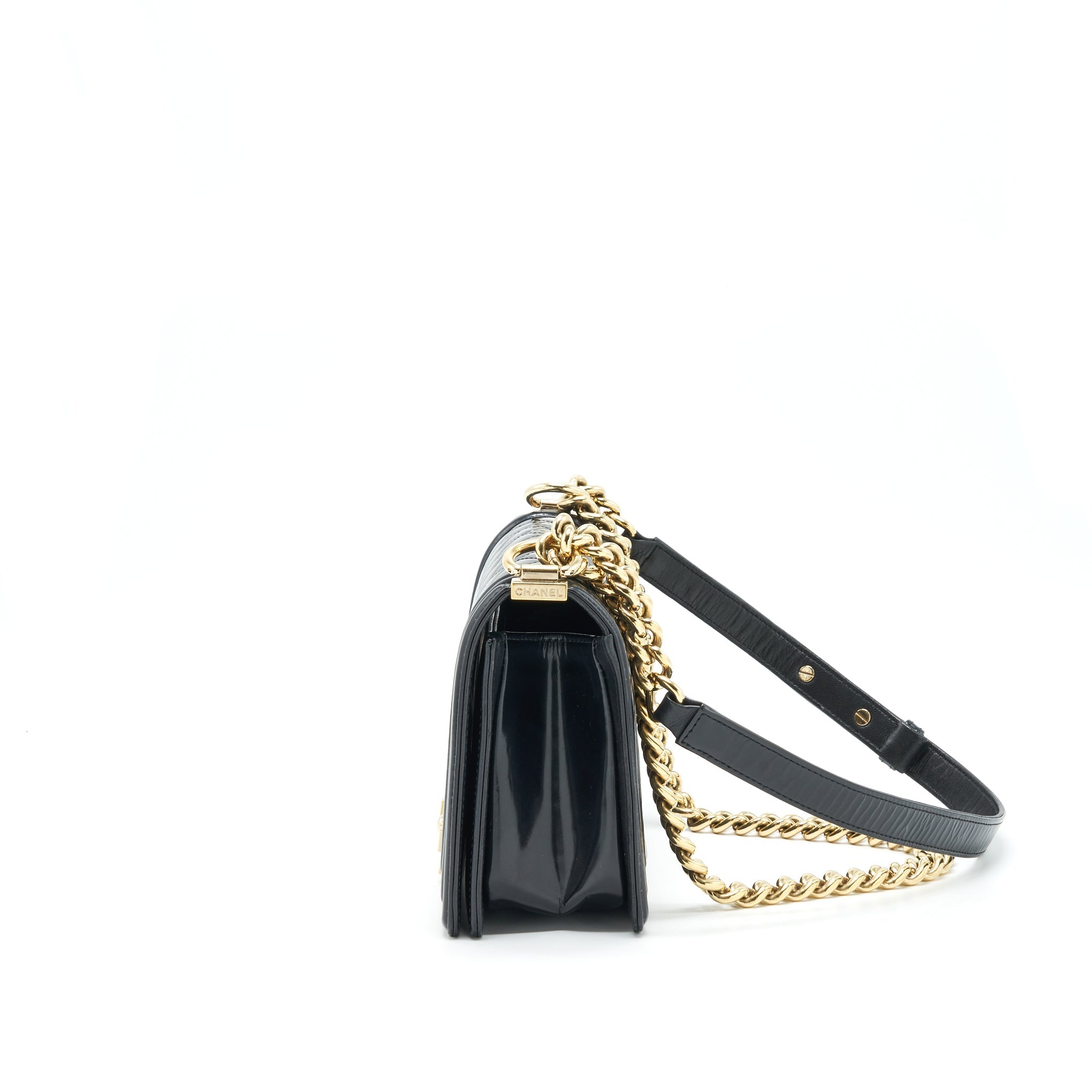 CHANEL MEDIUM LE BOY PATENT LEATHER BLACK LGHW
