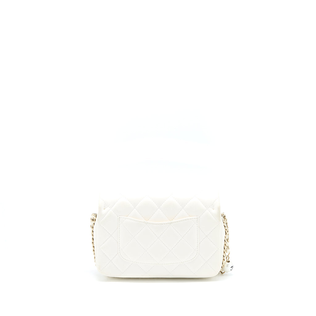 CHANEL SMALL PEARL LOGO CHAIN BAG LAMBSKIN WHITE LGHW