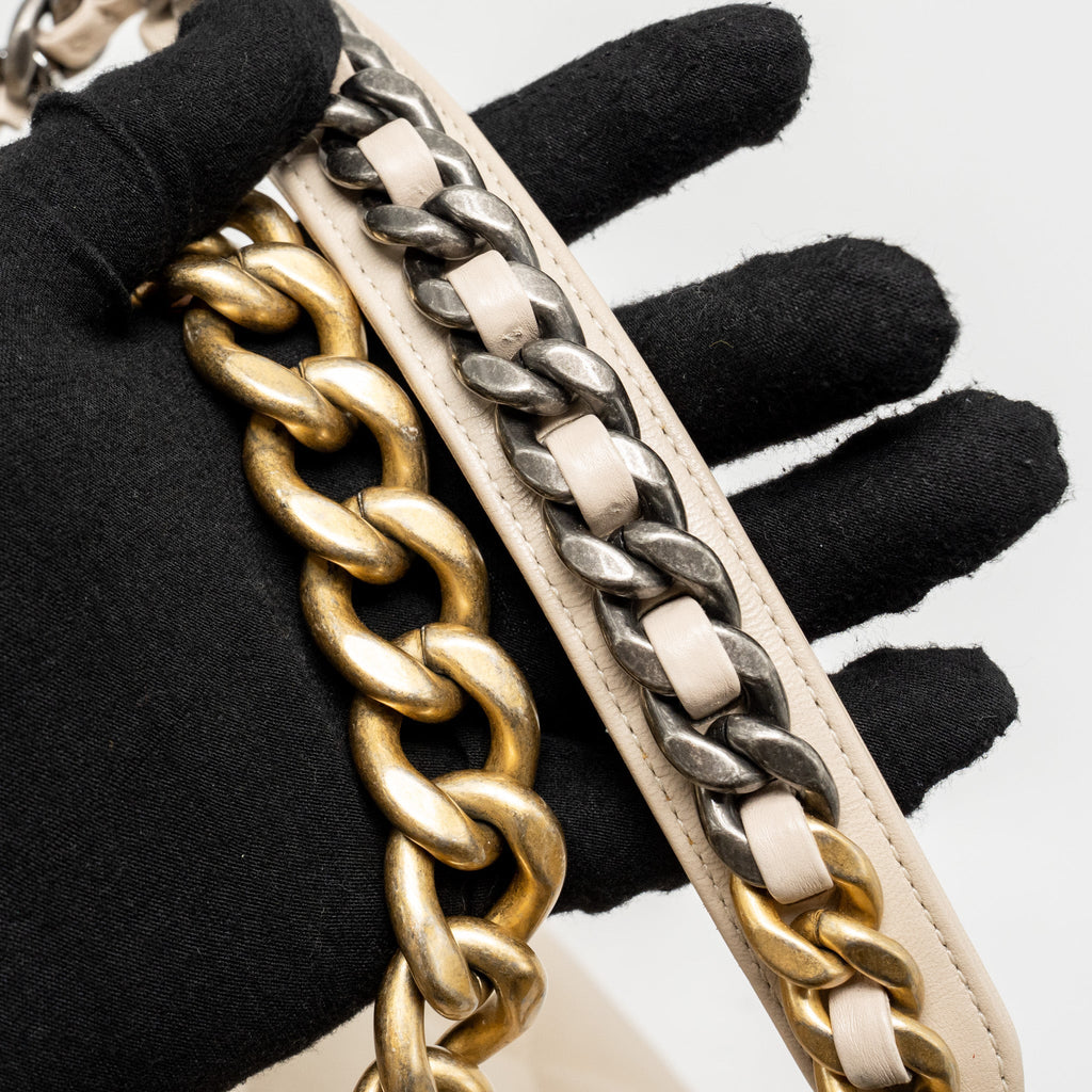 CHANEL MAXI 19 BAG GOATSKIN BEIGE MULTICOLOR HARDWARE