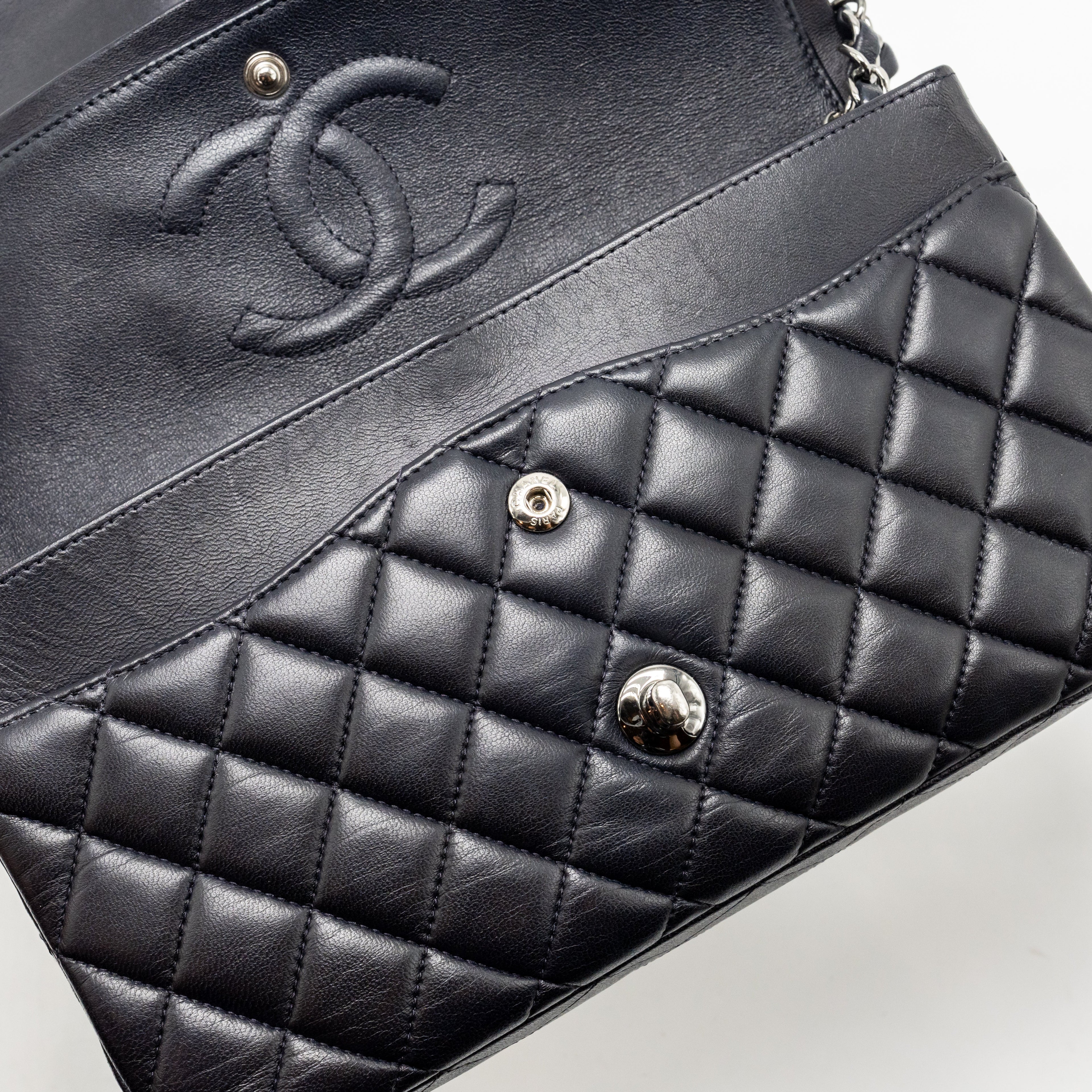 CHANEL MEDIUM CLASSIC DOUBLE FLAP BAG LAMBSKIN DARK BLUE SHW