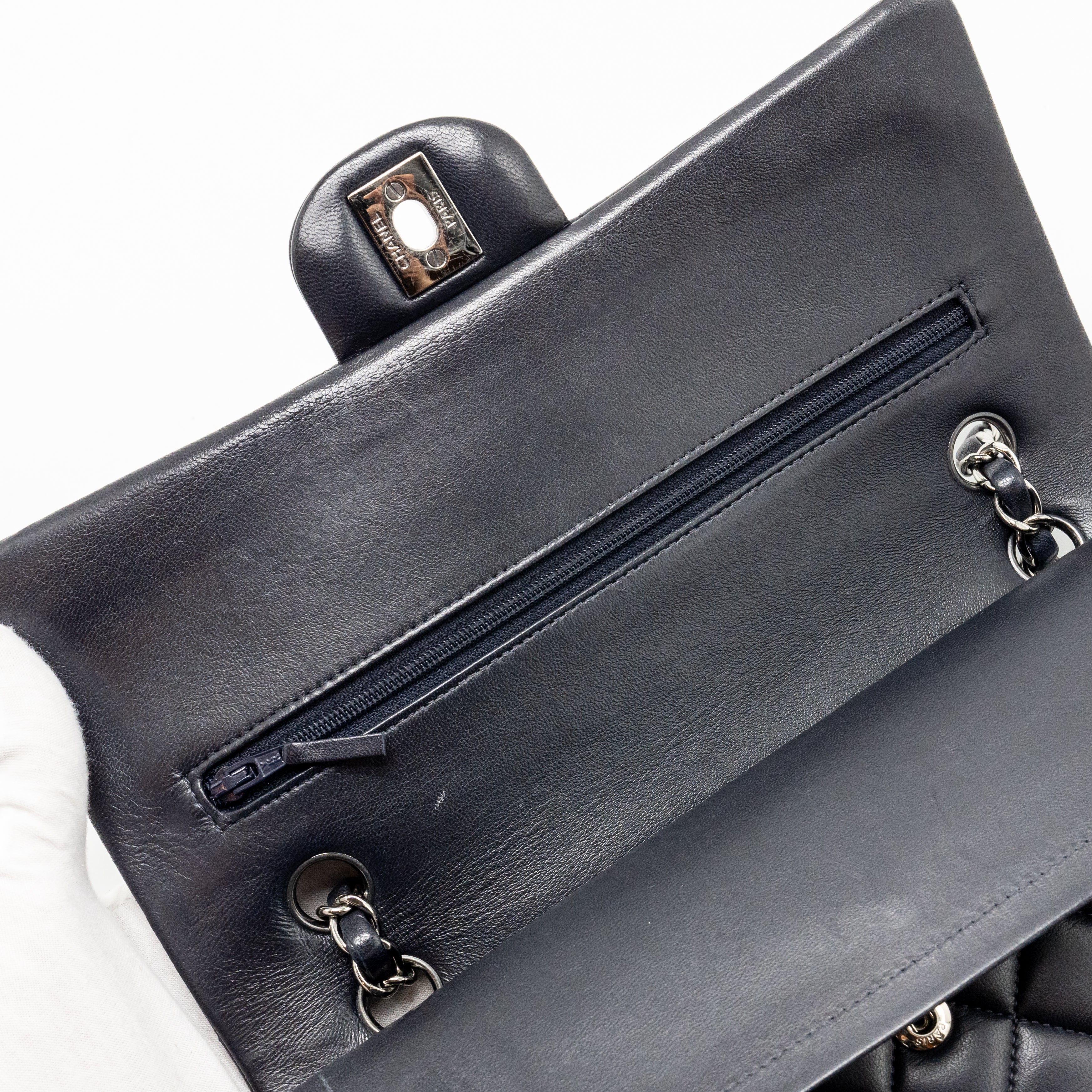CHANEL MEDIUM CLASSIC DOUBLE FLAP BAG LAMBSKIN DARK BLUE SHW
