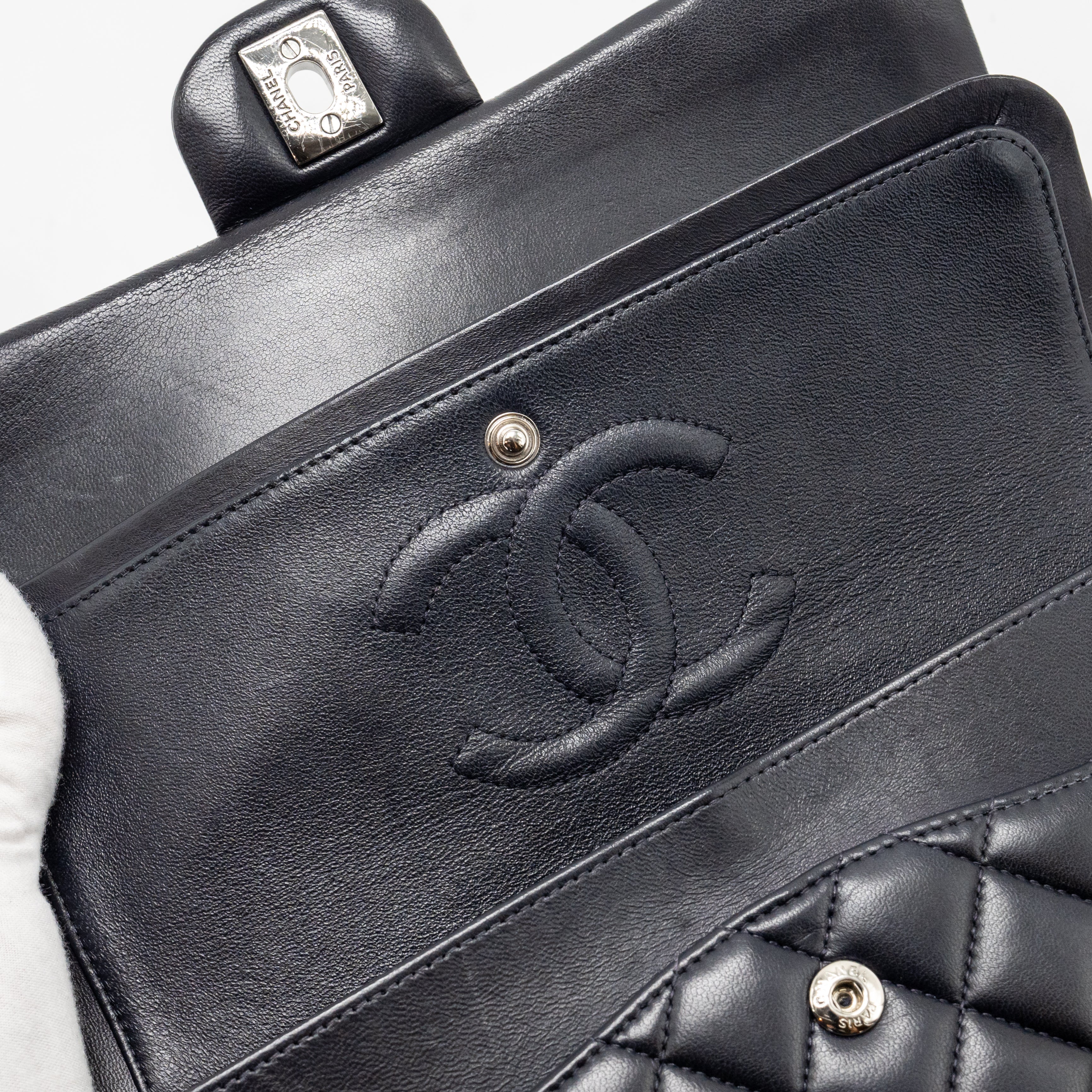 CHANEL MEDIUM CLASSIC DOUBLE FLAP BAG LAMBSKIN DARK BLUE SHW