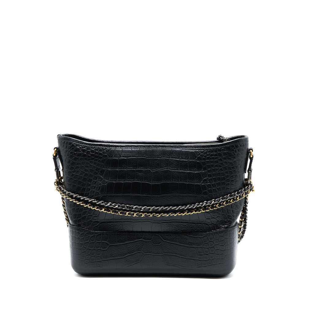 CHANEL LARGE GABRIELLE HOBO BAG CROC EMBOSSED CALFSKIN WITH LOGO STRAP BLACK MULTICOLOURED HARDWARE