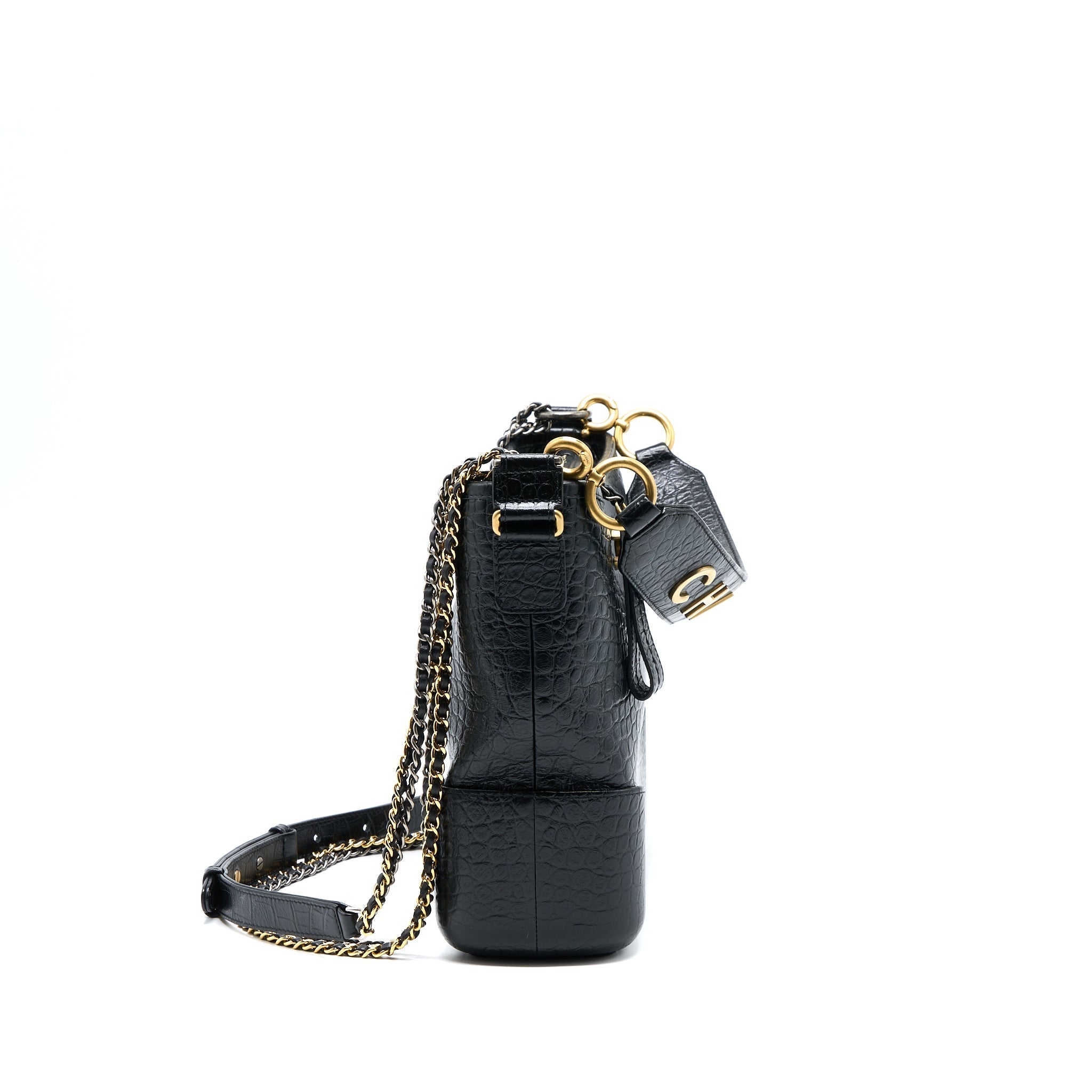 CHANEL LARGE GABRIELLE HOBO BAG CROC EMBOSSED CALFSKIN WITH LOGO STRAP BLACK MULTICOLOURED HARDWARE