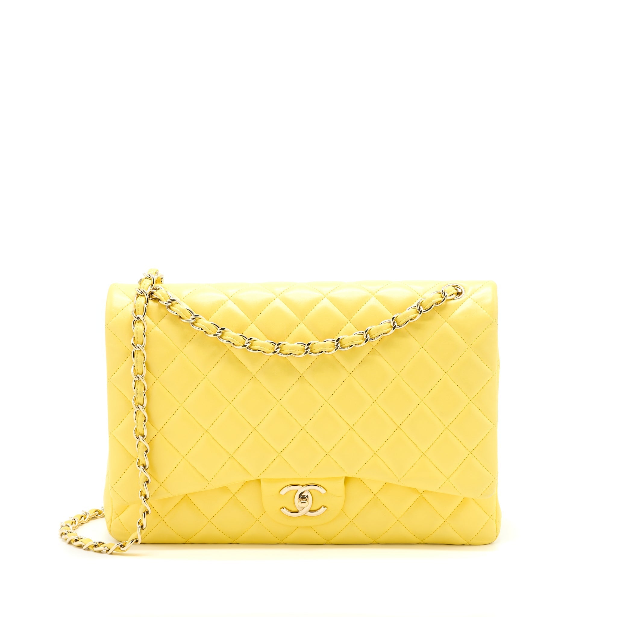 CHANEL MAXI CLASSIC DOUBLE FLAP BAG LAMBSKIN YELLOW LGHW