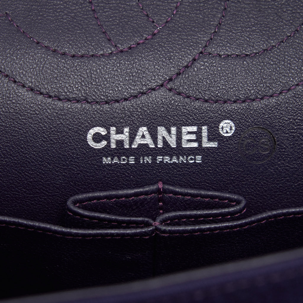 CHANEL 2.55 REISSUE 226 DOUBLE FLAP BAG FABRIC PURPLE RUTHENIUM SLIVER HARDWARE